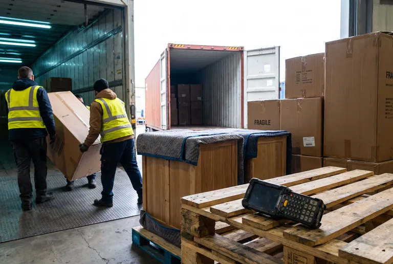 Two workers in hi-vis vests carrying a large carton out of a trailer, past blanket-covered casegoods and cartons marked fragile, with a handheld scanner on the pallets in front.