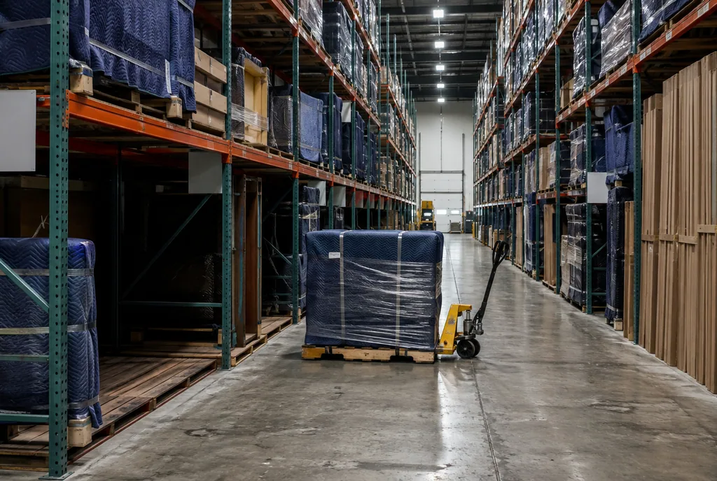 A warehouse aisle of racking holding blanket-wrapped furniture, with one wrapped pallet pulled out into the aisle on a pallet jack mid-move.