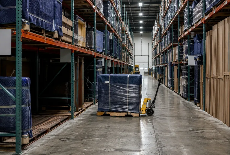 A warehouse aisle of racking holding blanket-wrapped furniture, with one wrapped pallet pulled out into the aisle on a pallet jack mid-move.