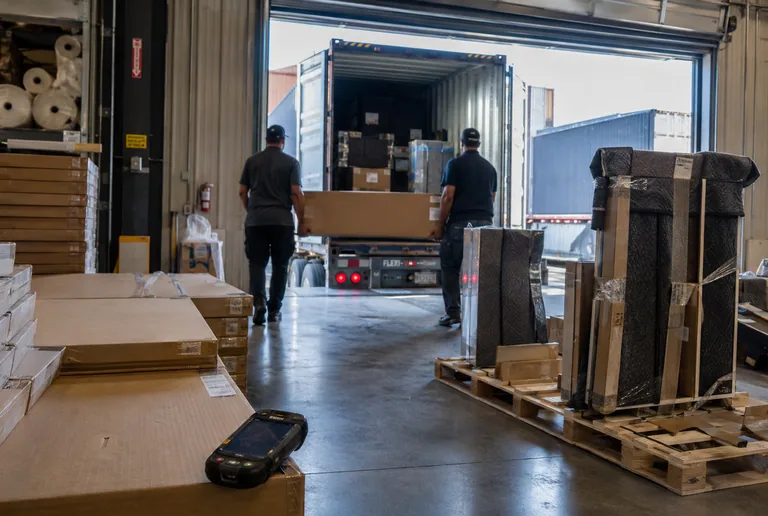 Flat furniture cartons stacked at a dock door with a handheld barcode scanner resting on top, workers loading a trailer beyond, and a pallet of blanket-wrapped mirrors alongside.