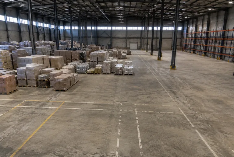A large, half-empty project warehouse seen from above, with blocks of wrapped furniture pallets on one side and bare marked floor on the other.