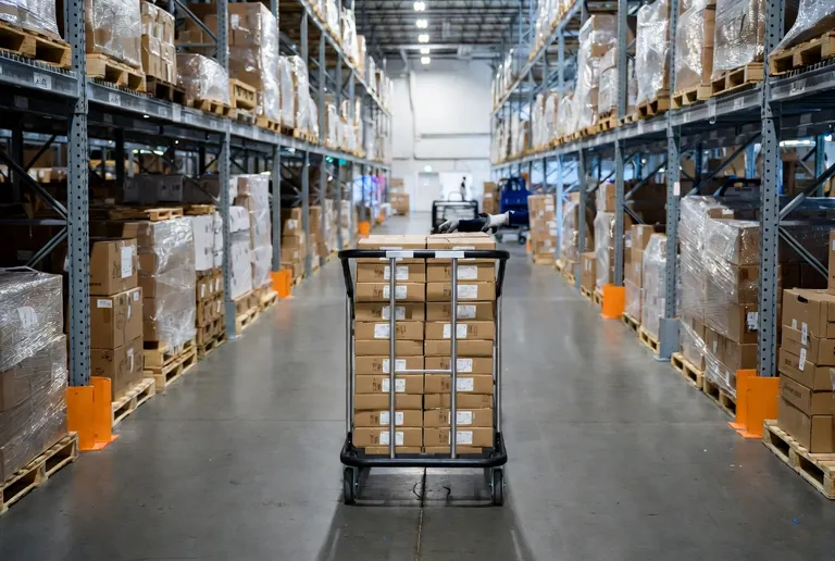 A warehouse aisle between stocked racking with a cart of stacked cartons standing in the middle.