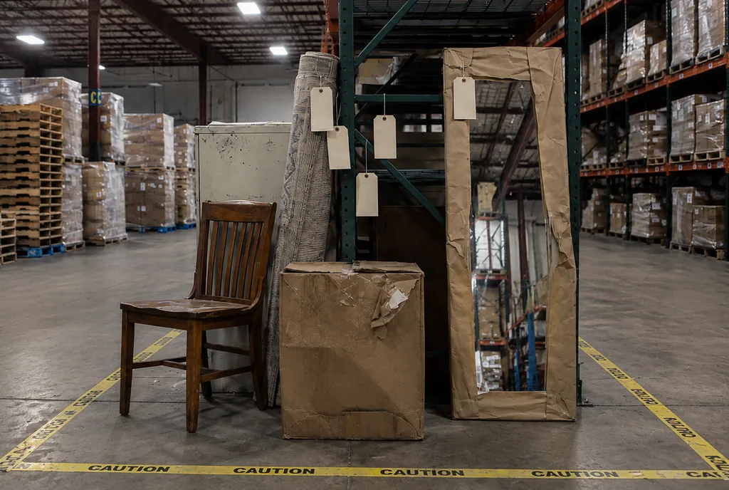 Furniture set aside inside an area marked off with yellow caution tape — a chair, a wrapped mirror and tagged cartons held apart from the main flow.