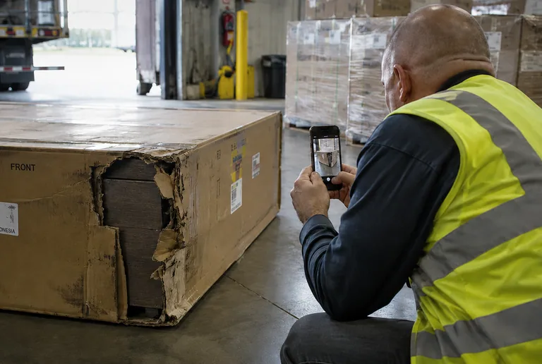 A worker in a hi-vis vest photographing a crushed and split furniture carton with a phone at a receiving dock.