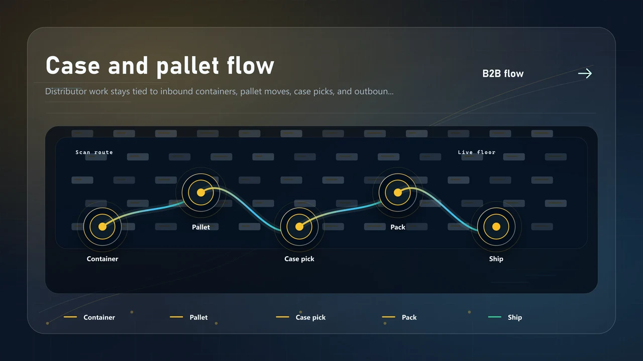 Wholesale distribution flow showing container receiving, pallet storage, and B2B case picking