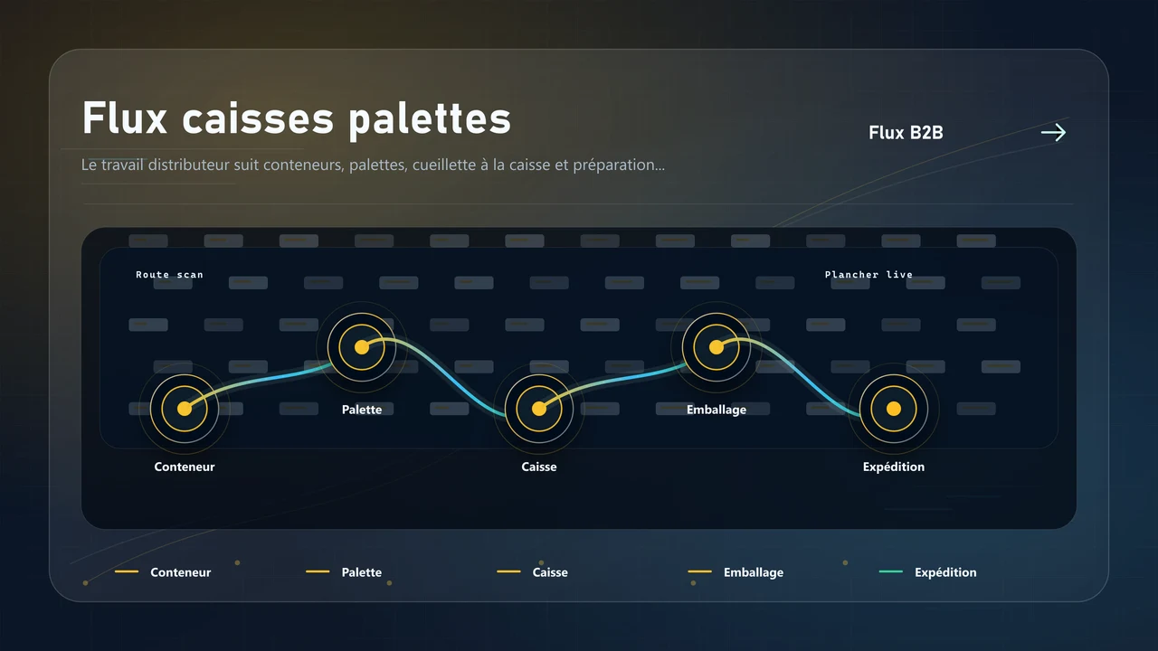 Flux de distribution montrant réception de conteneur, stockage palette et cueillette B2B