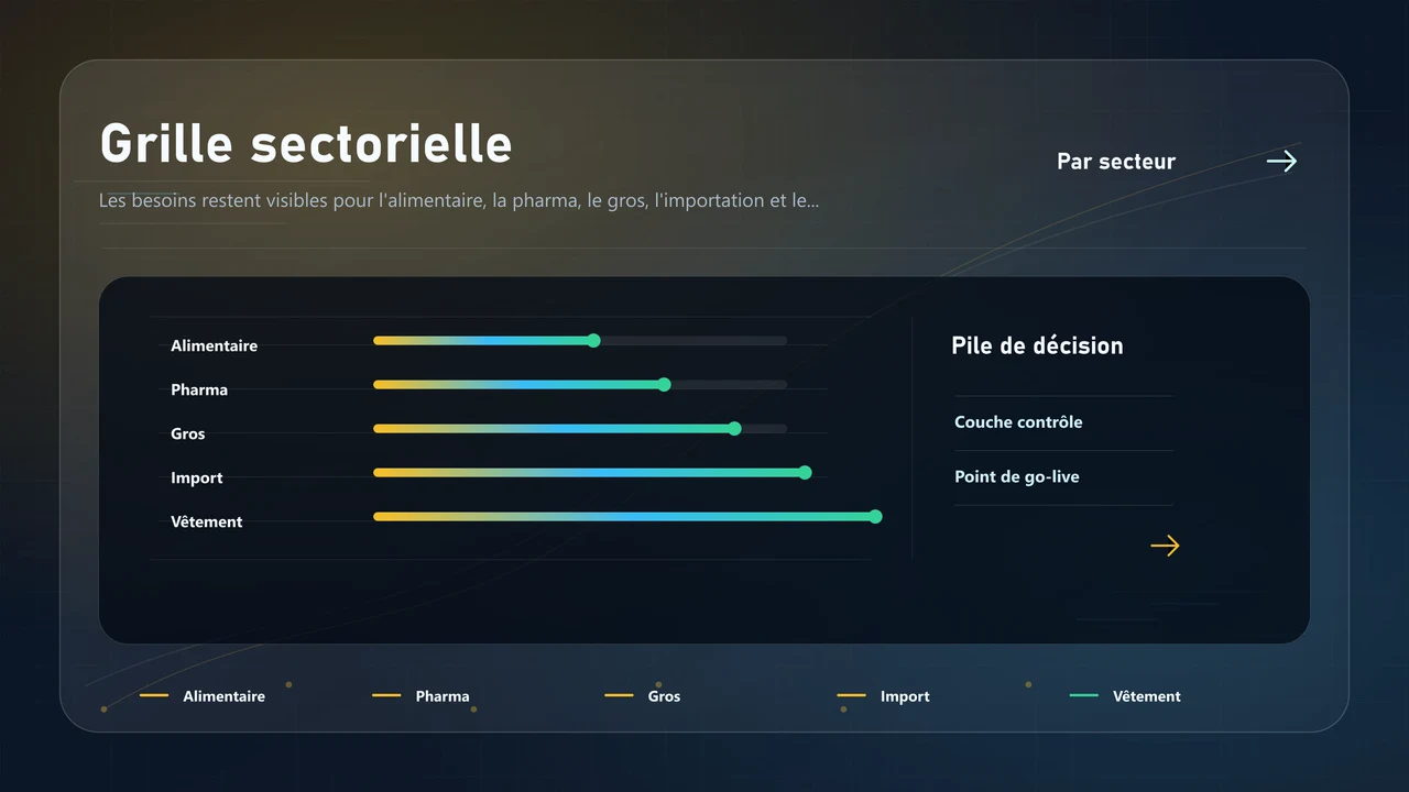 Grille de flux par secteur pour distribution, alimentaire, pharma, vêtement et import