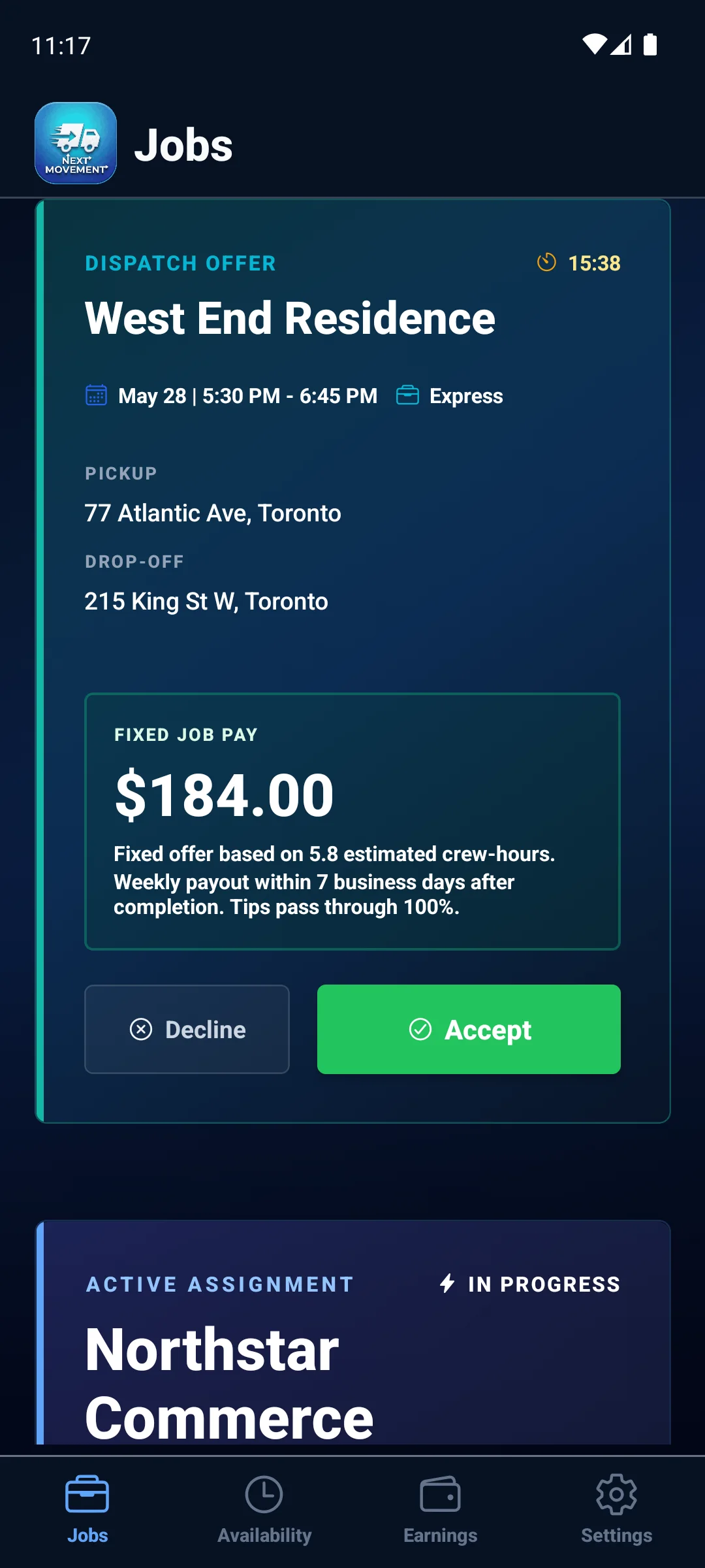 Next Movement native driver app showing assigned jobs and live field execution status