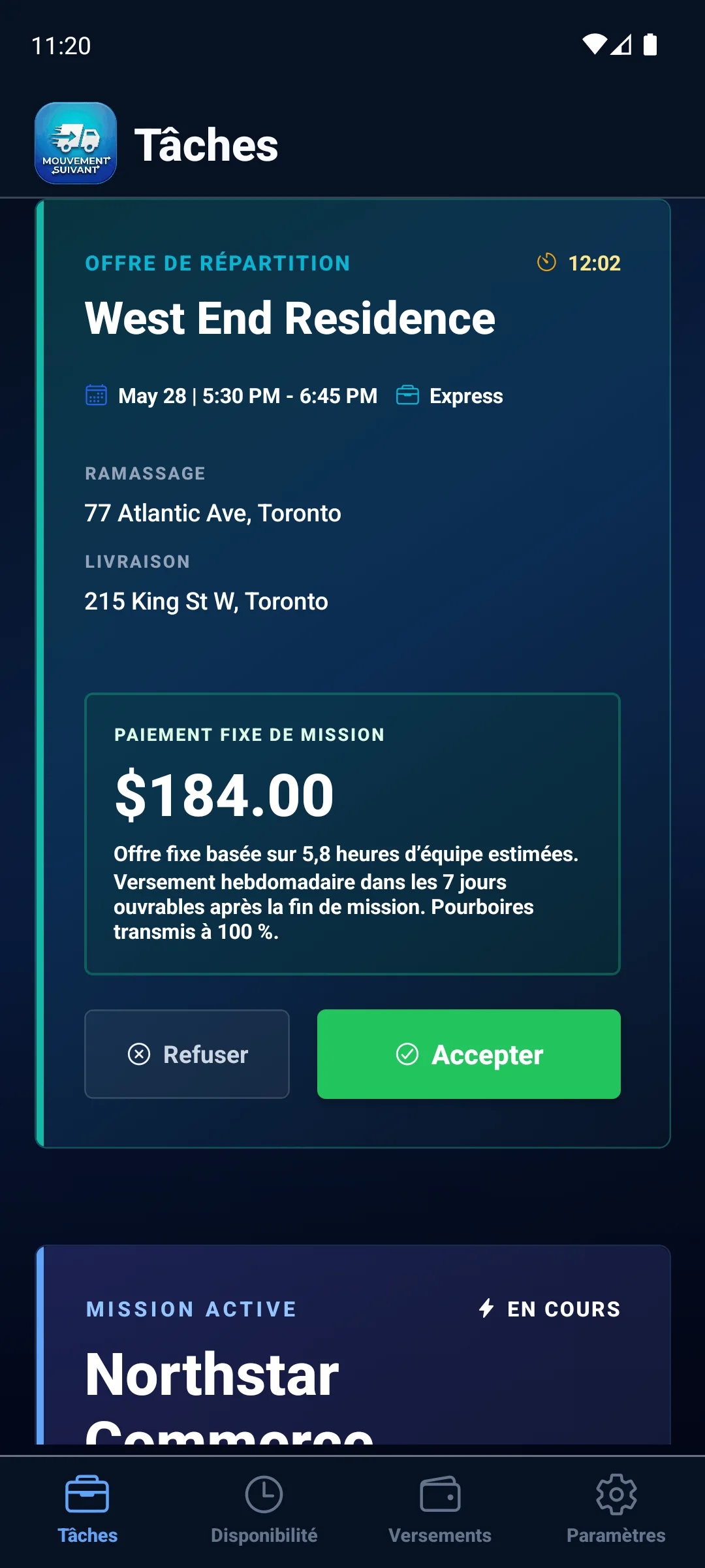Application chauffeur native Mouvement Suivant avec missions assignées et statut terrain
