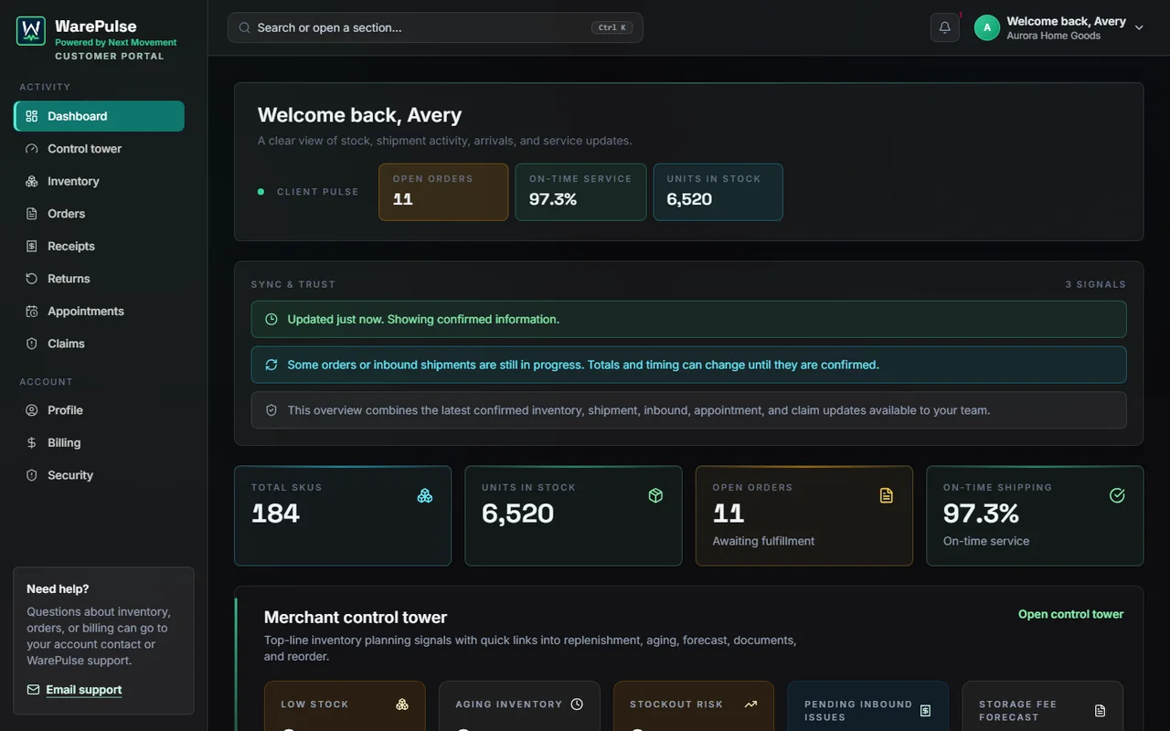 WarePulse customer portal dashboard with fulfillment activity and inventory health