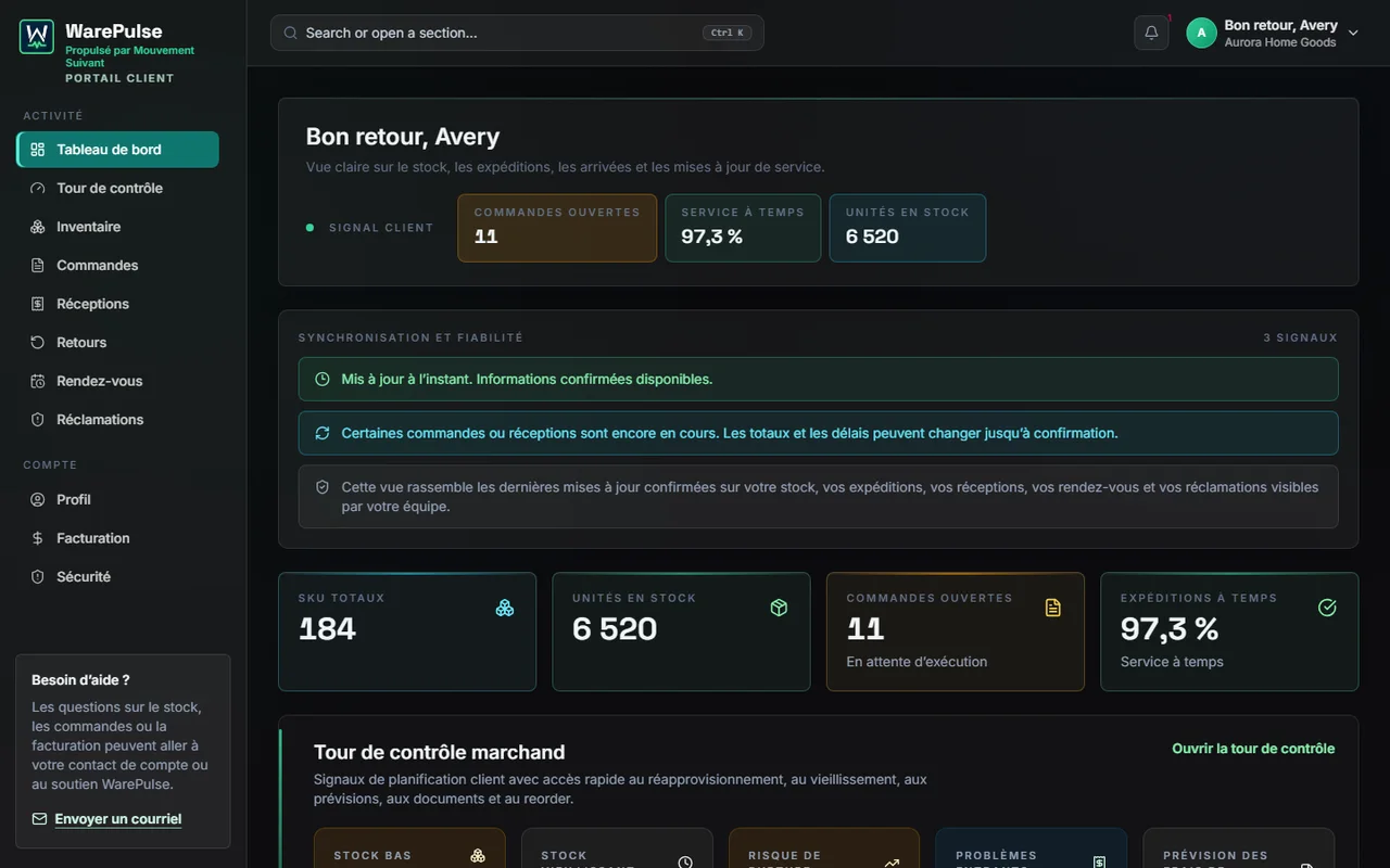 Tableau de bord client WarePulse avec activité de préparation et état des stocks