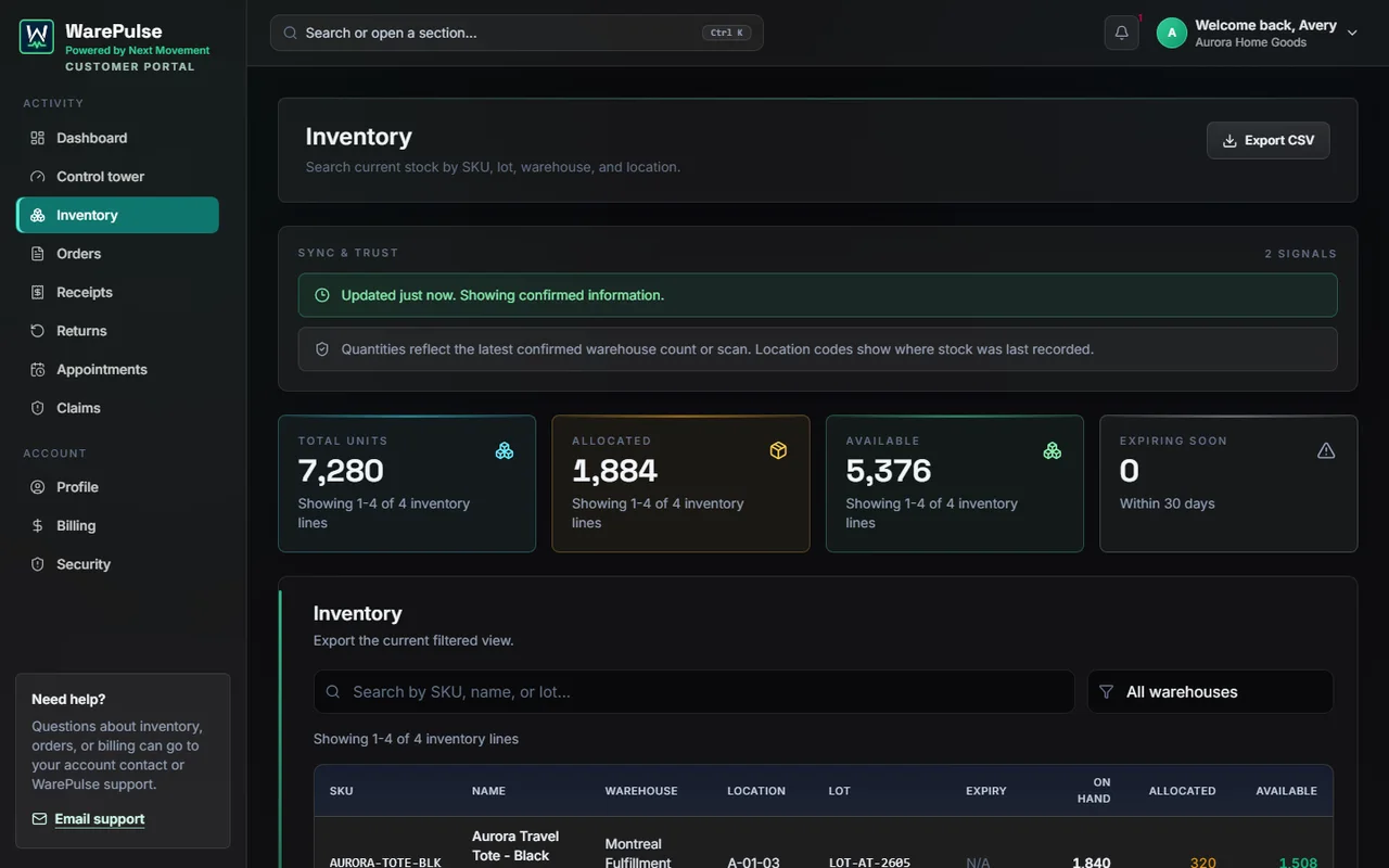 WarePulse customer inventory portal with confirmed stock, allocation, and available unit totals
