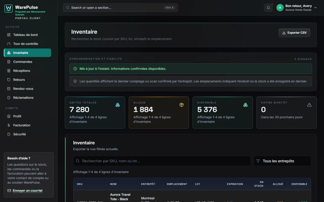 Portail inventaire client WarePulse avec stocks confirmés, allocations et unités disponibles