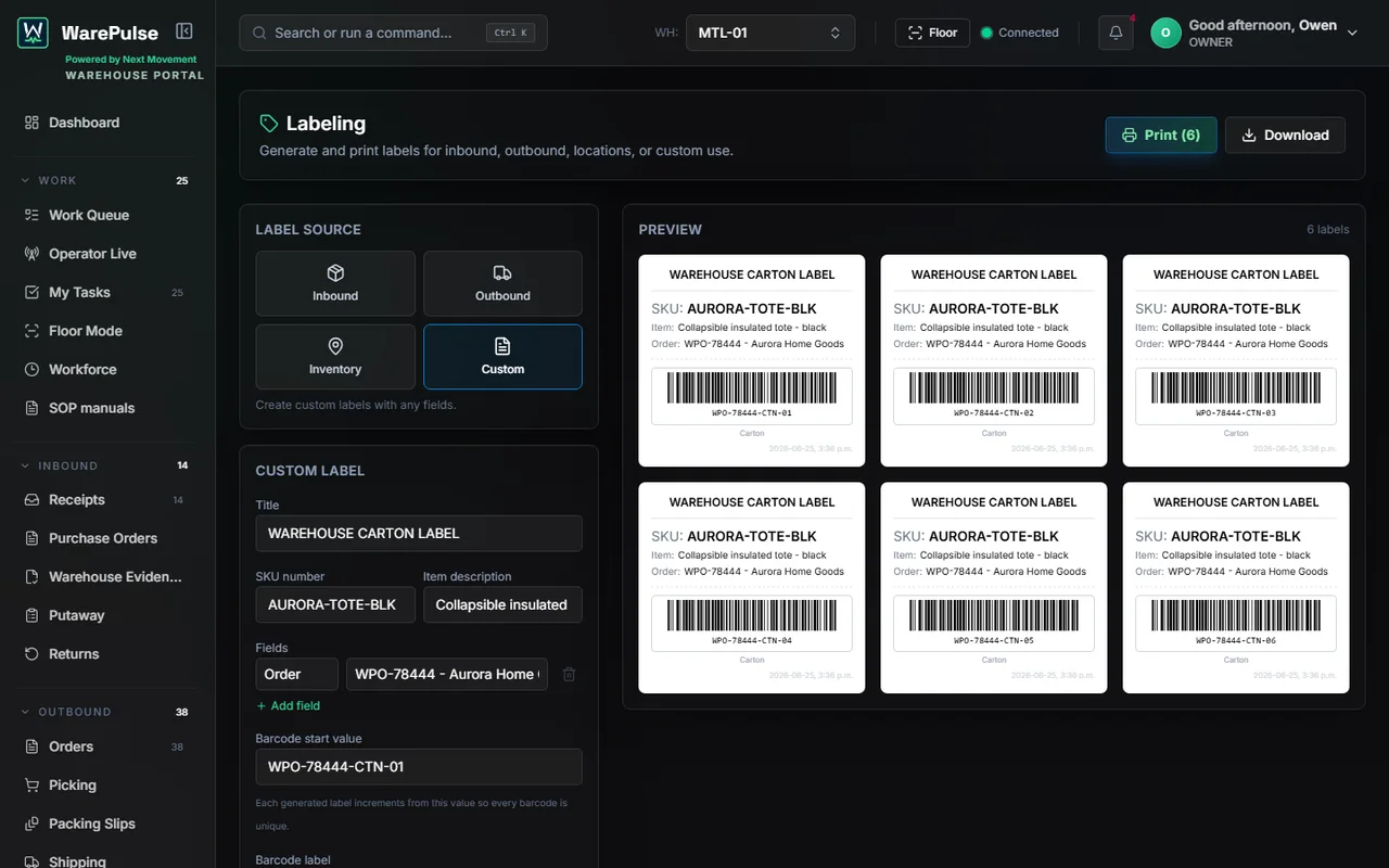 WarePulse label generator showing item descriptions, SKU numbers, and unique barcode labels