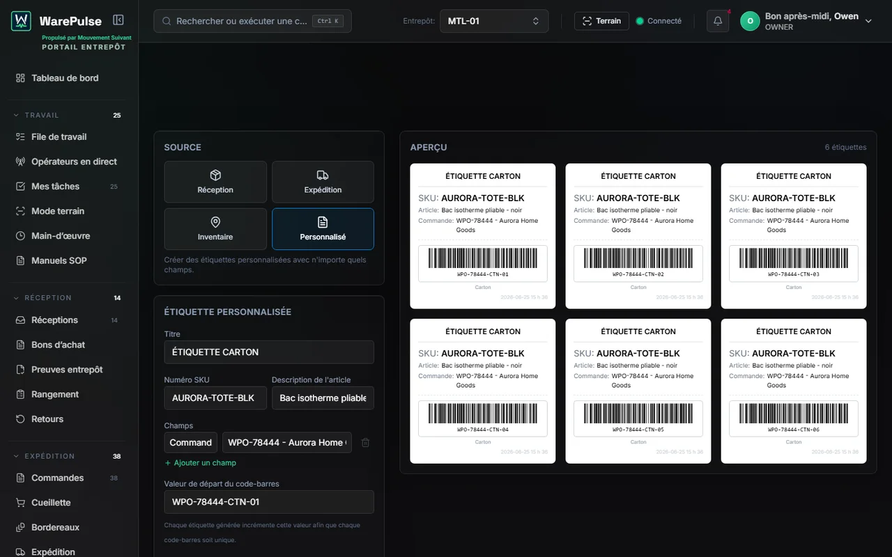 Générateur d'étiquettes WarePulse montrant les descriptions d'articles, les numéros de SKU et les codes-barres uniques