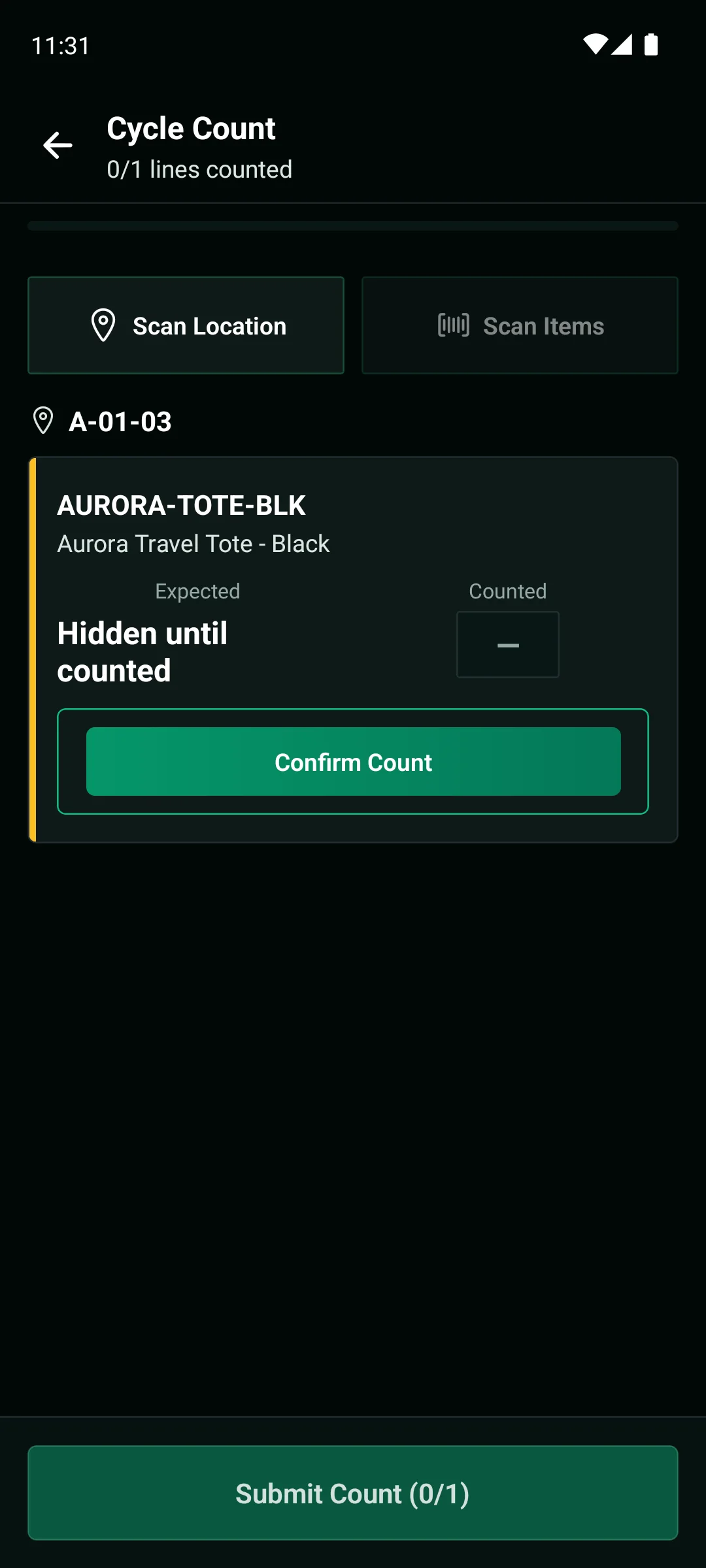 WarePulse mobile app cycle count workspace with locations, progress, and submission controls