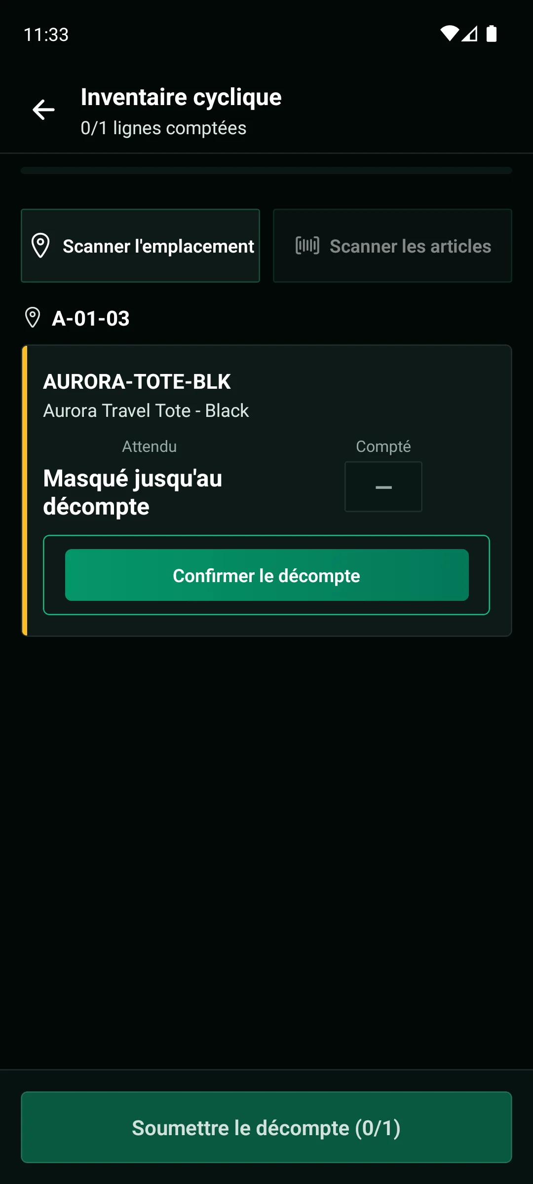 Application mobile WarePulse avec comptage cyclique, emplacements, progression et soumission
