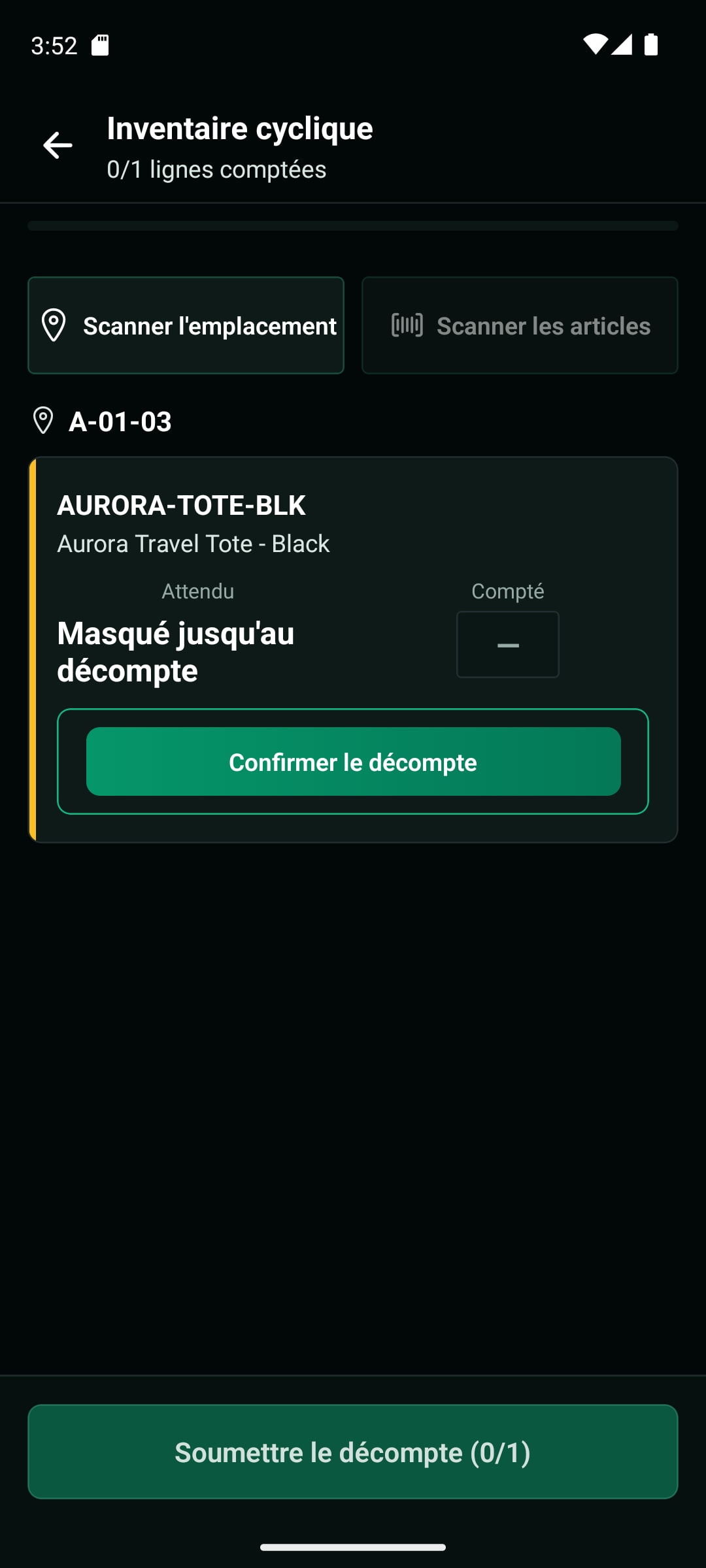 Application mobile WarePulse avec comptage cyclique, emplacements, progression et soumission