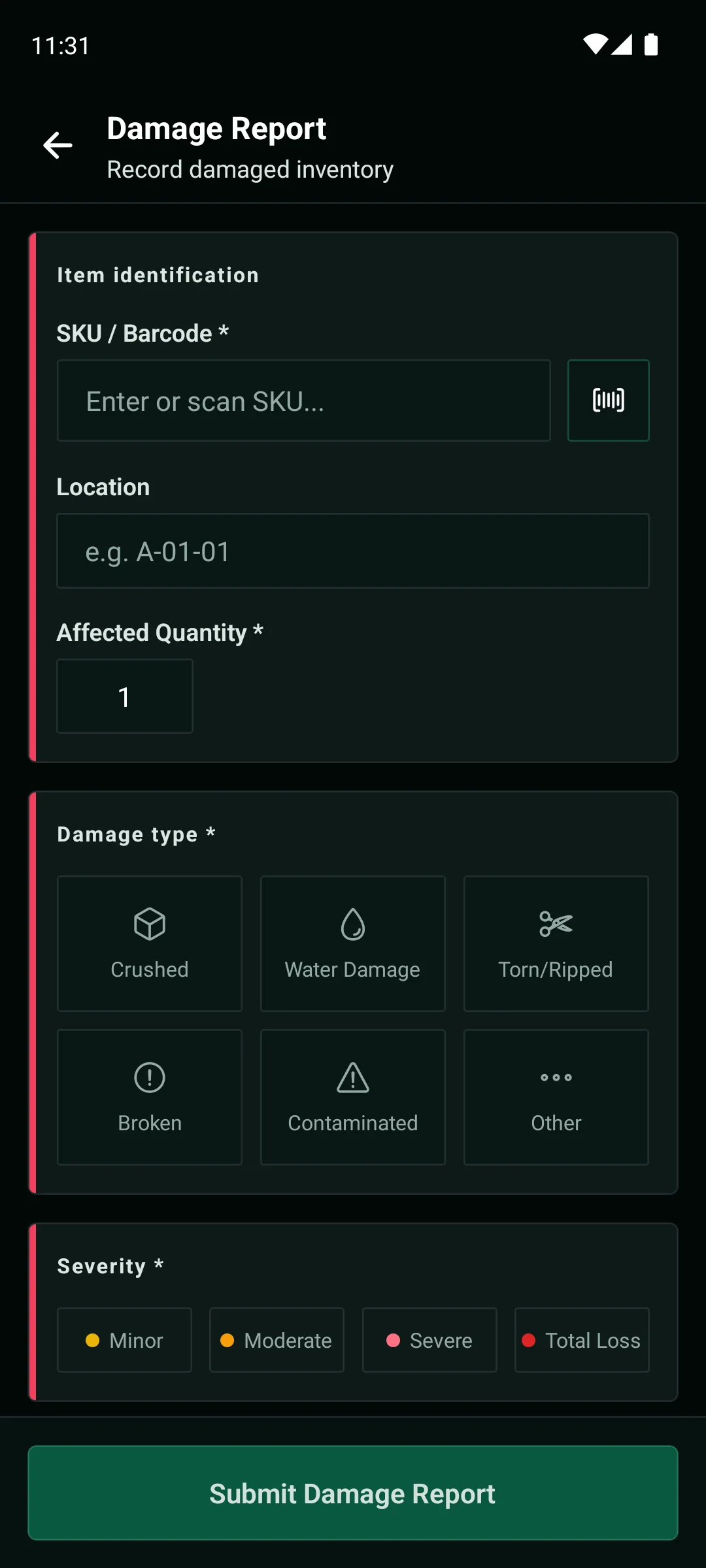WarePulse mobile app damage report workflow with item, severity, notes, and photos