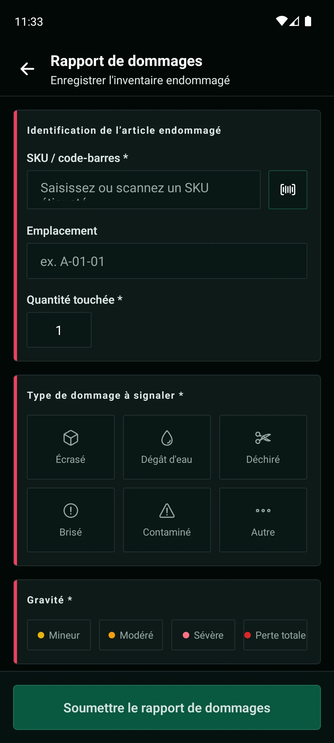 Application mobile WarePulse avec rapport de dommage, article, gravité, notes et photos