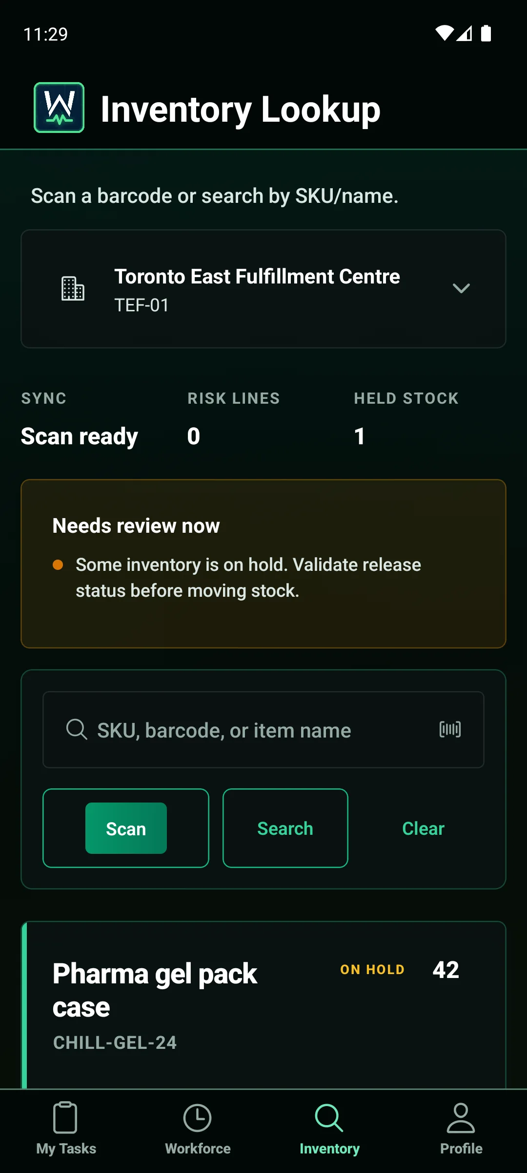 WarePulse mobile app inventory lookup screen for warehouse operators