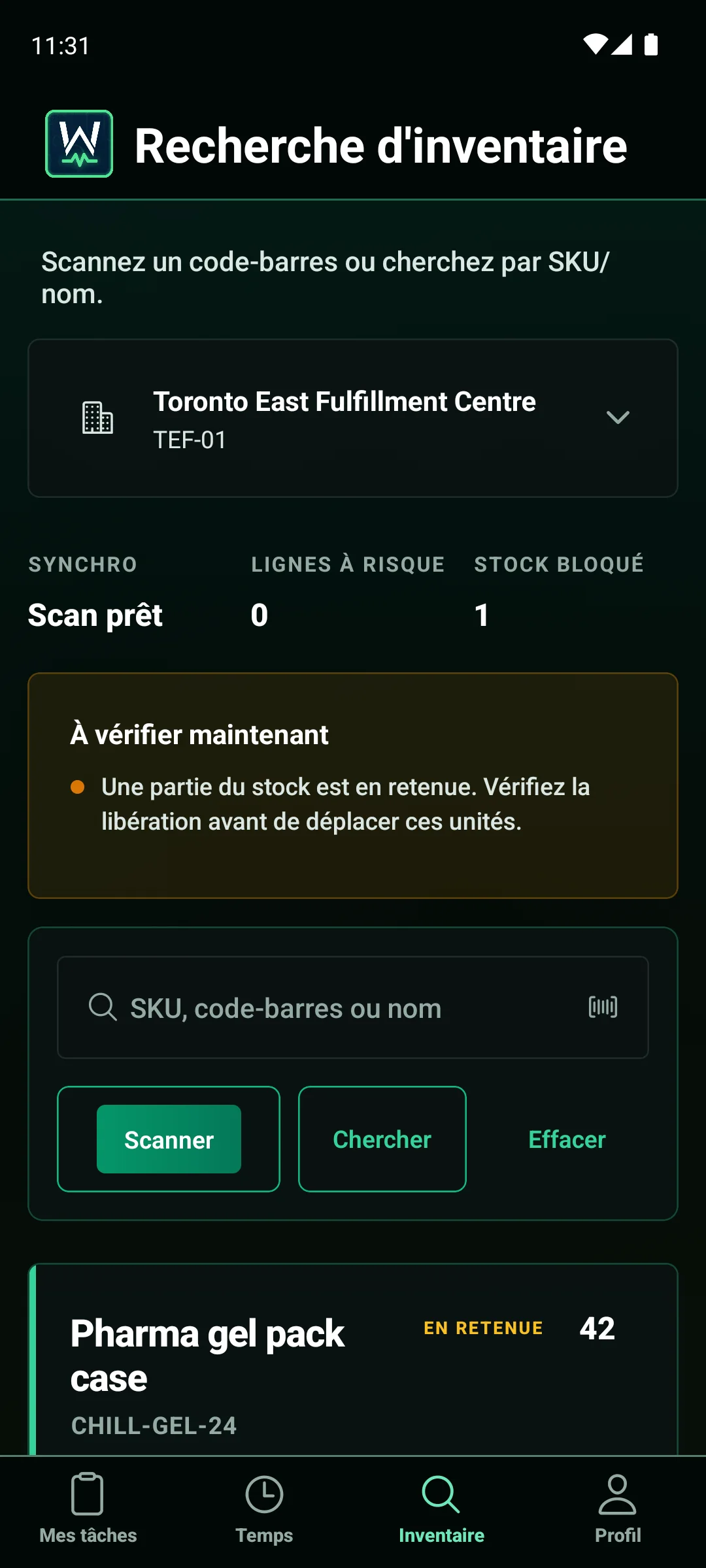 Application mobile WarePulse affichant la recherche d’inventaire pour les opérateurs