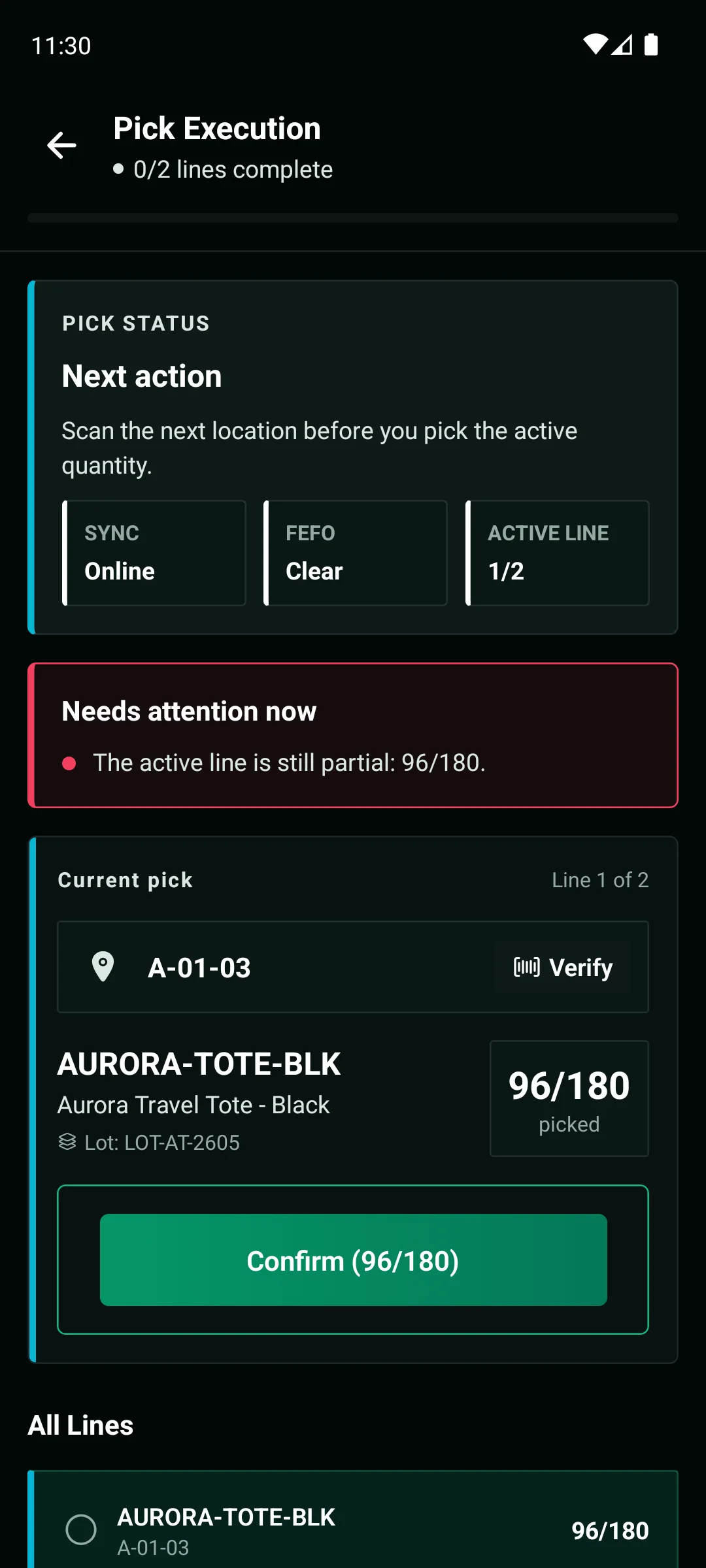 WarePulse mobile app pick execution screen with active line progress and scan actions