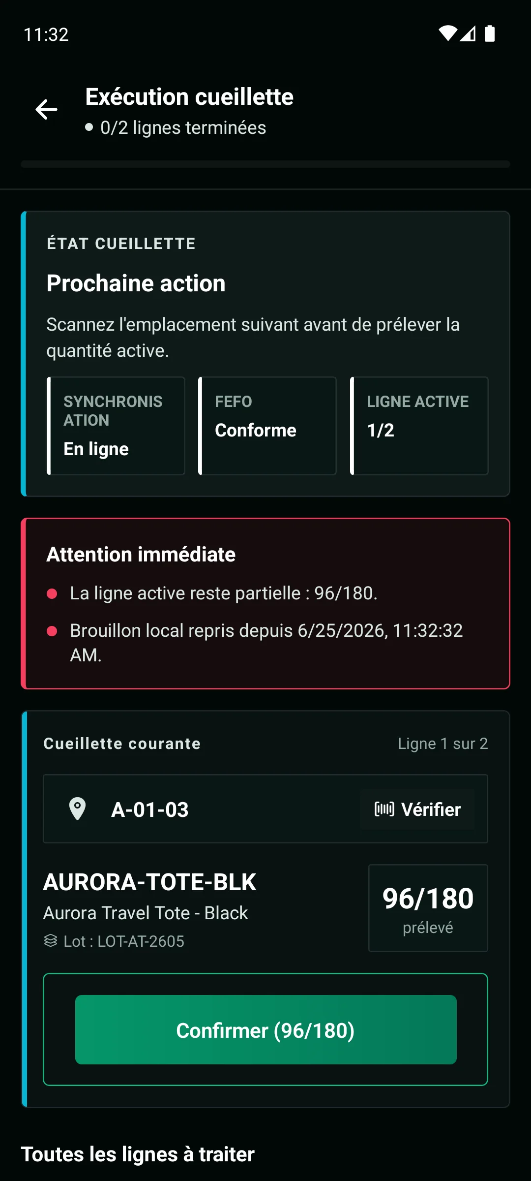 Application mobile WarePulse avec exécution de cueillette, progression de ligne et scan