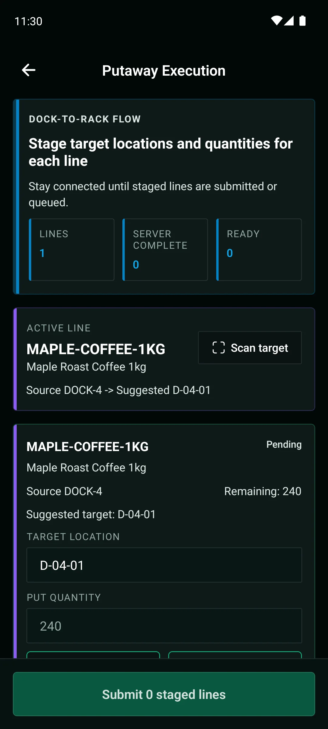 WarePulse mobile app putaway execution screen with dock-to-rack movement guidance