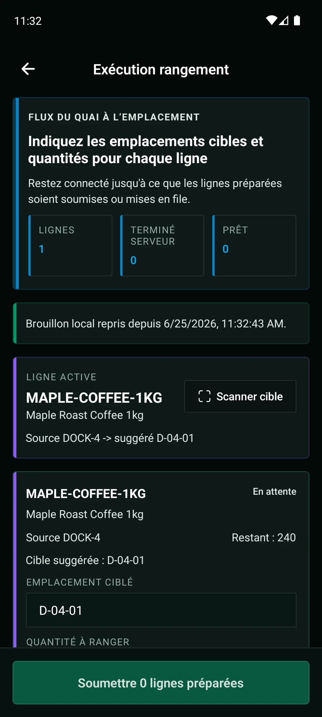 Application mobile WarePulse avec rangement, guidage quai-vers-rack et progression