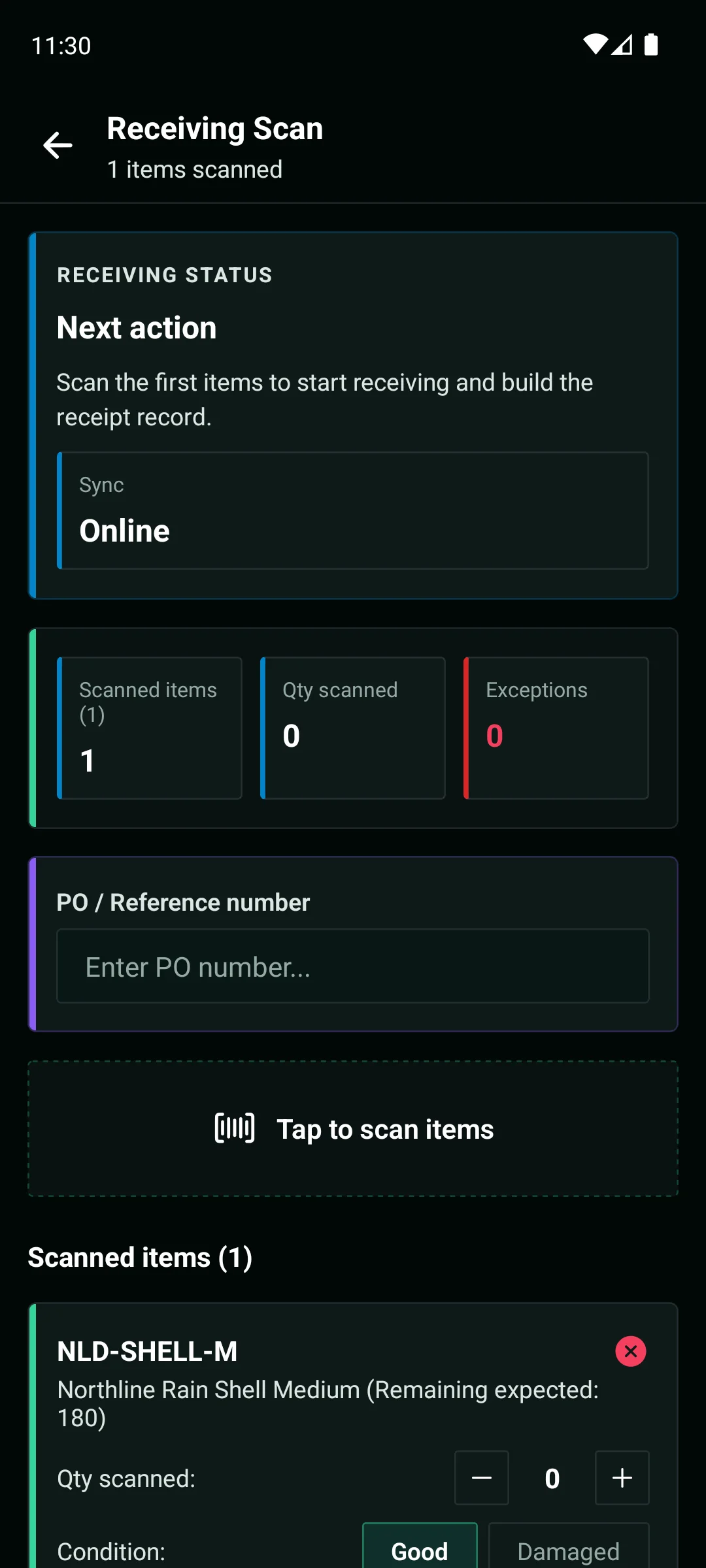 WarePulse mobile app receiving scan screen for inbound cartons and dock confirmation