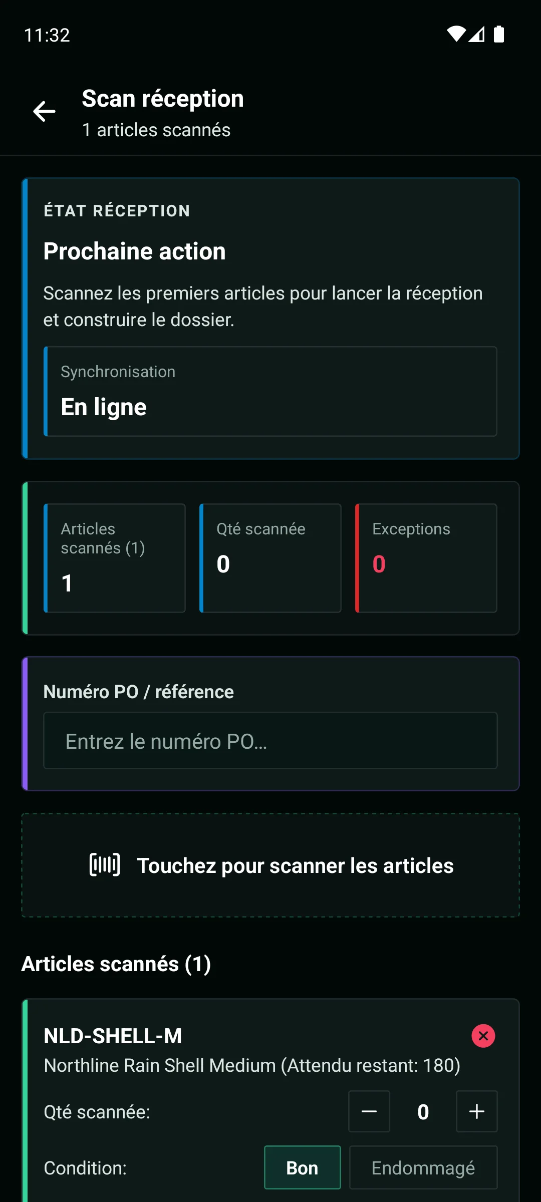 Application mobile WarePulse avec scan de réception, cartons entrants et confirmation quai