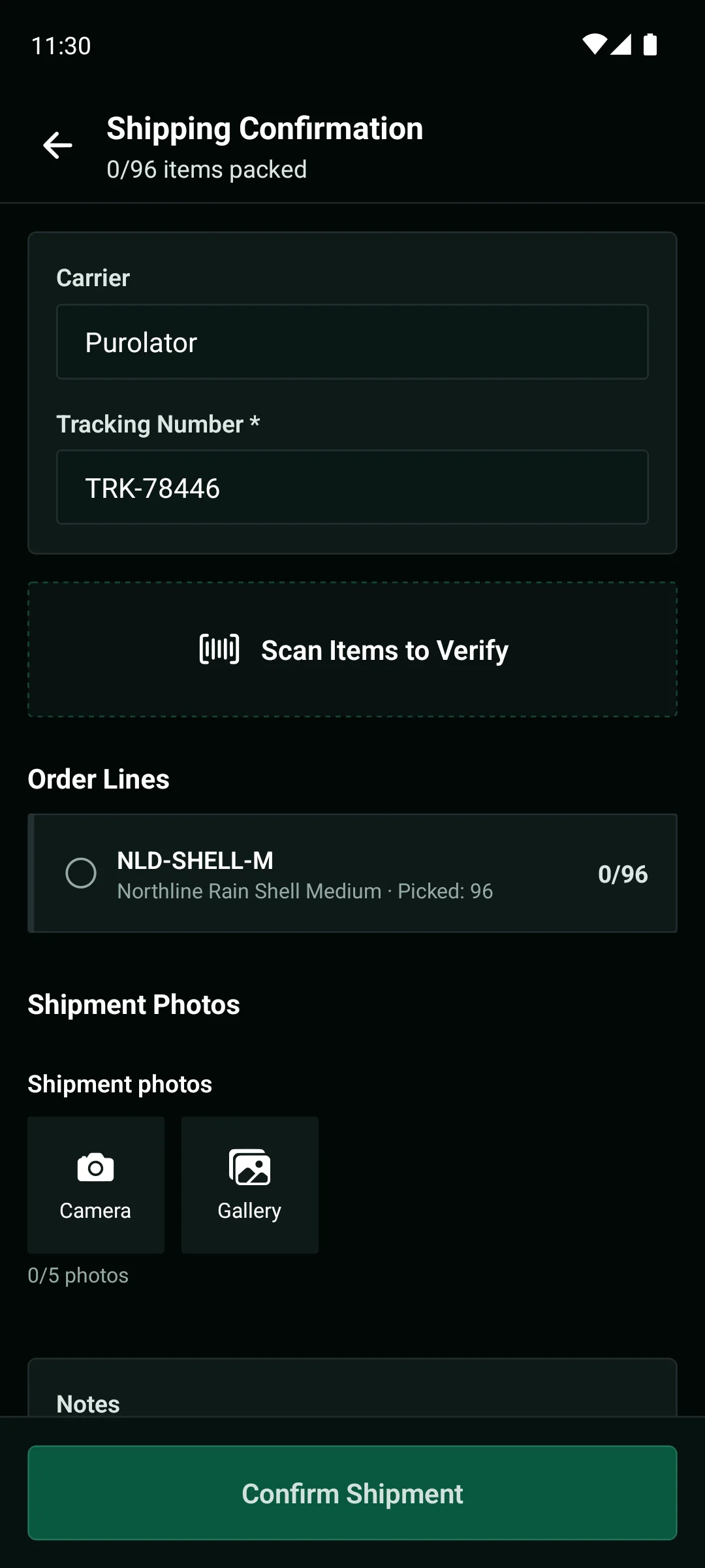 WarePulse mobile app shipping confirmation screen with carrier, parcel, and tracking details