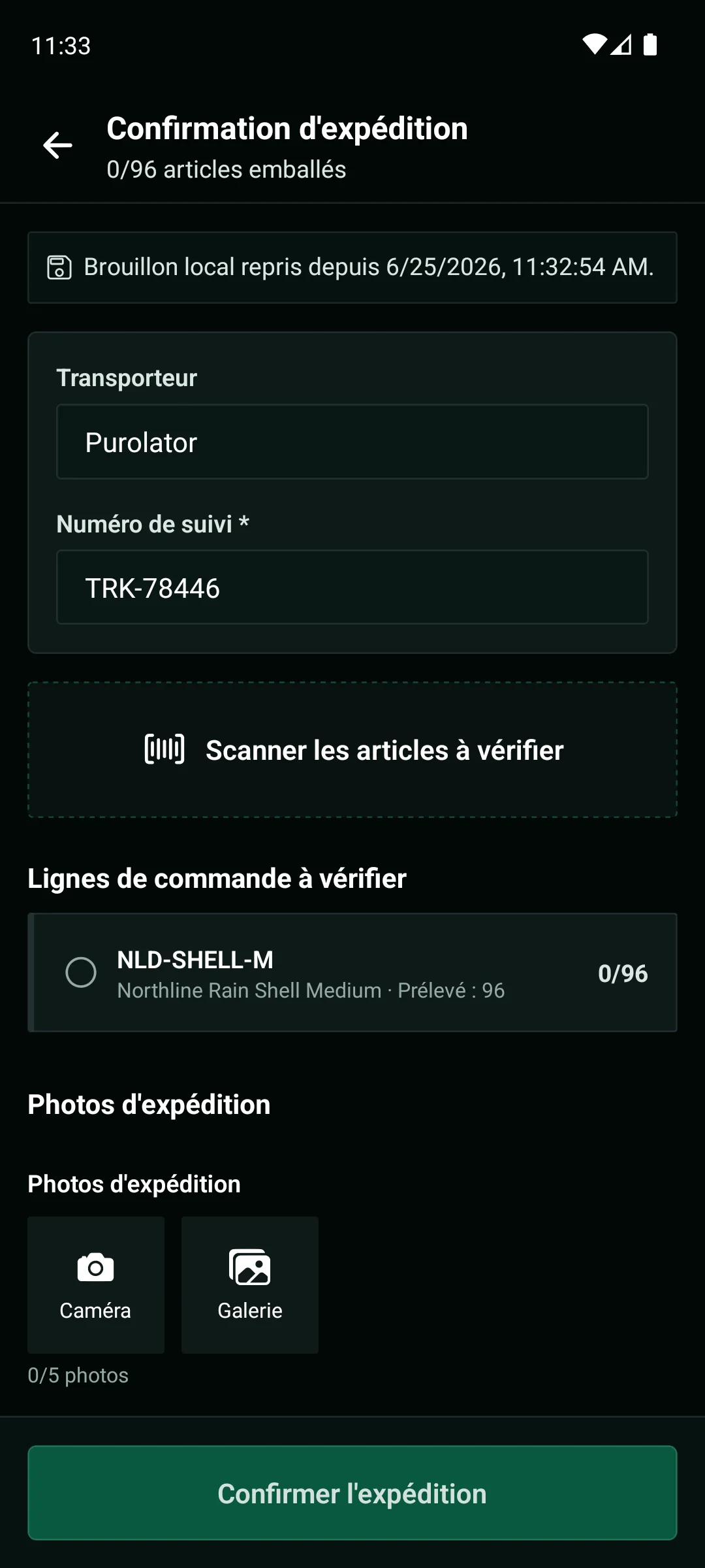 Application mobile WarePulse avec confirmation expédition, transporteur, colis et suivi