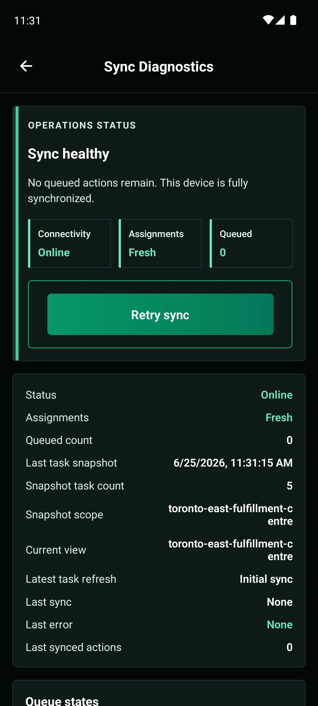 WarePulse mobile app sync diagnostics screen showing offline queue and device readiness