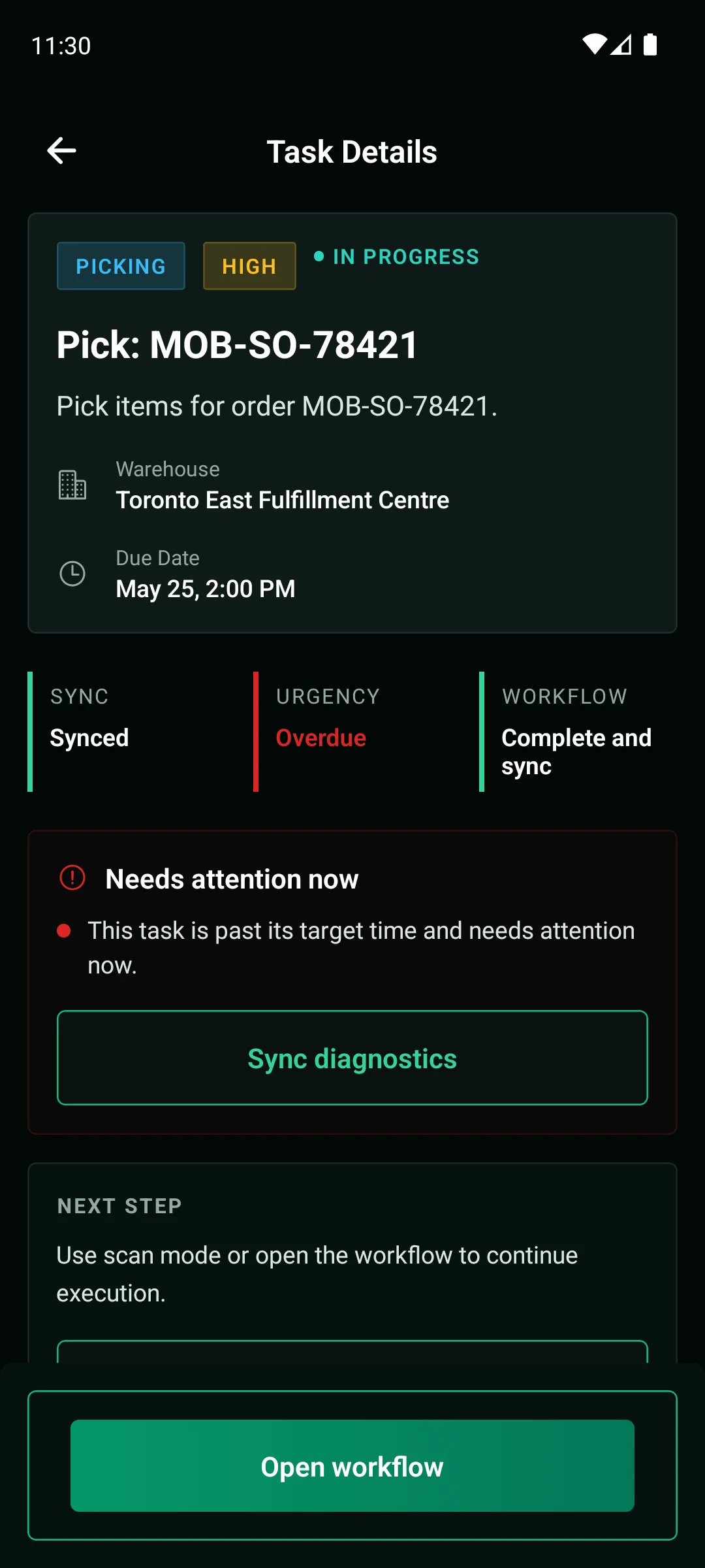 WarePulse mobile app task detail screen with assigned work, priority, and route context
