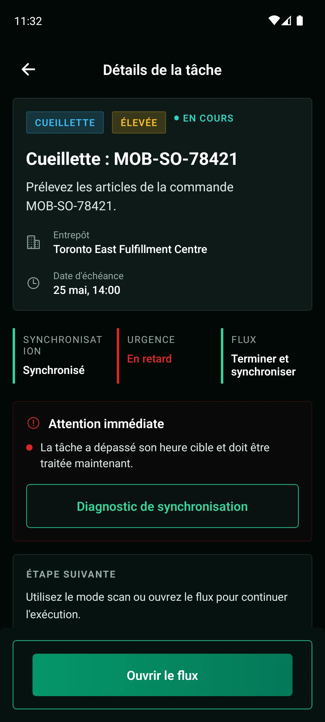 Application mobile WarePulse avec détail de tâche, priorité et contexte de parcours