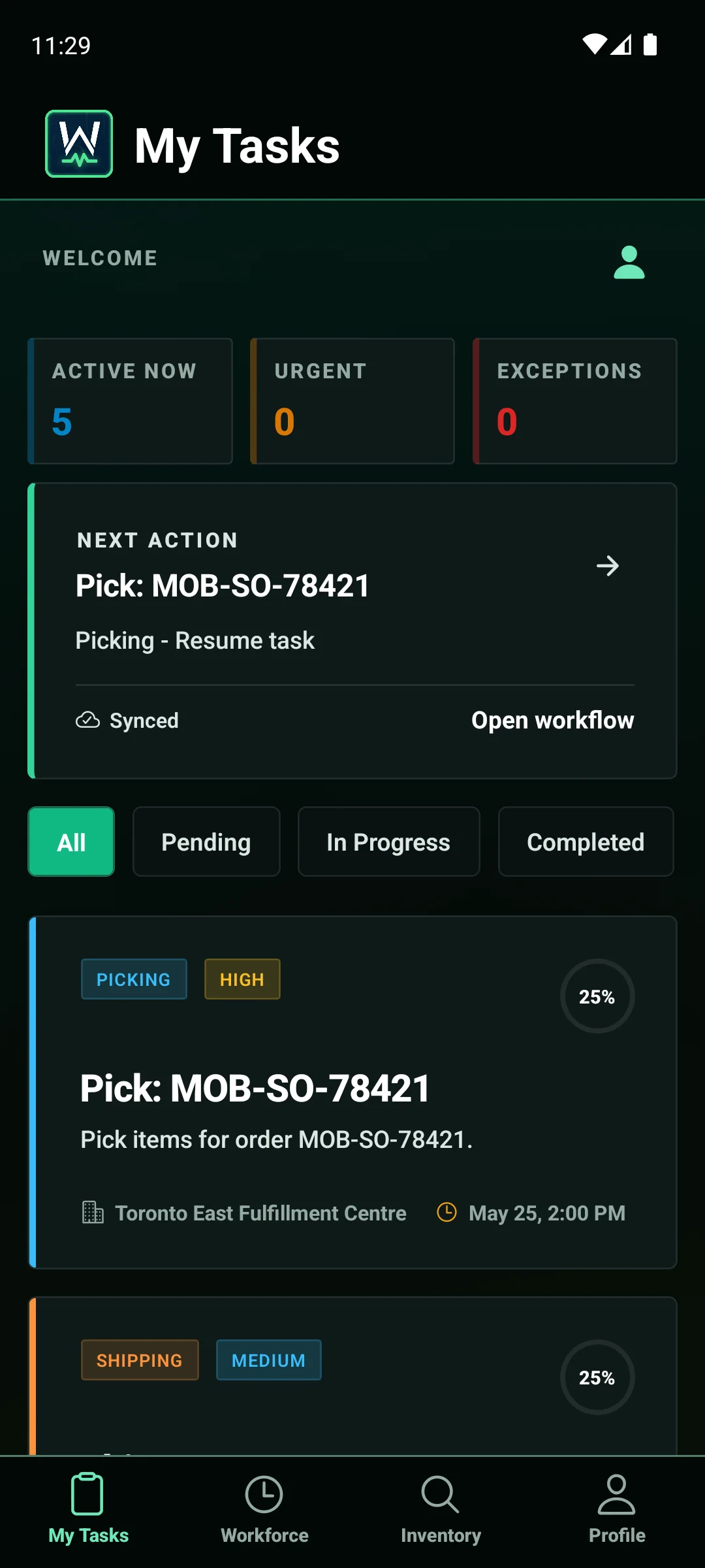 WarePulse mobile app task list and sync diagnostics for warehouse operators