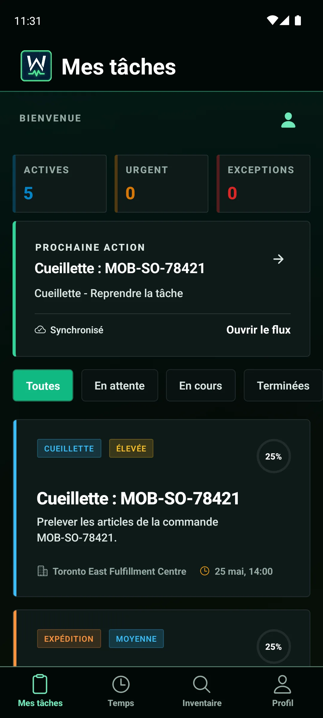 Application mobile WarePulse avec liste de tâches et synchronisation des opérations