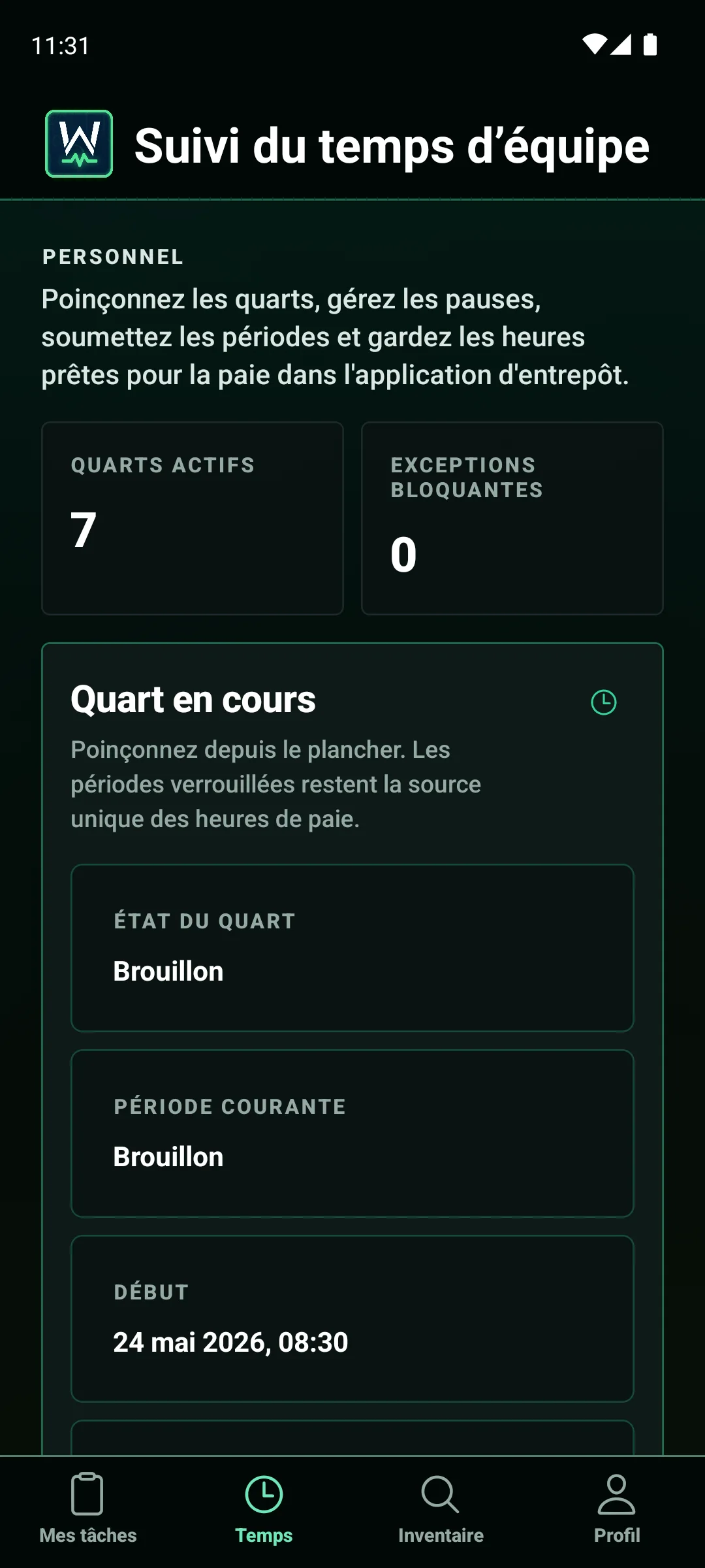 Application mobile WarePulse affichant le détail de tâche et le flux d’exécution