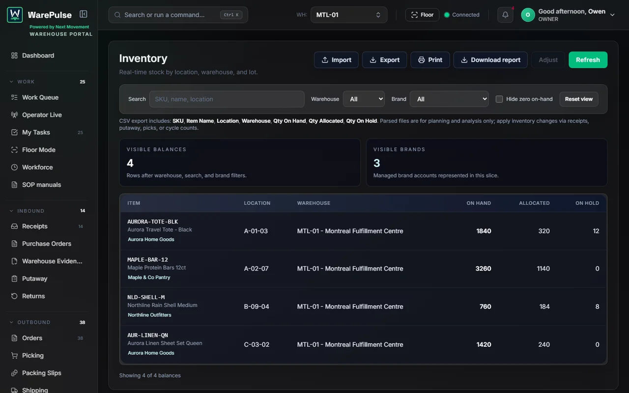 WarePulse operator inventory portal with stock controls, warehouse filters, and visible balances