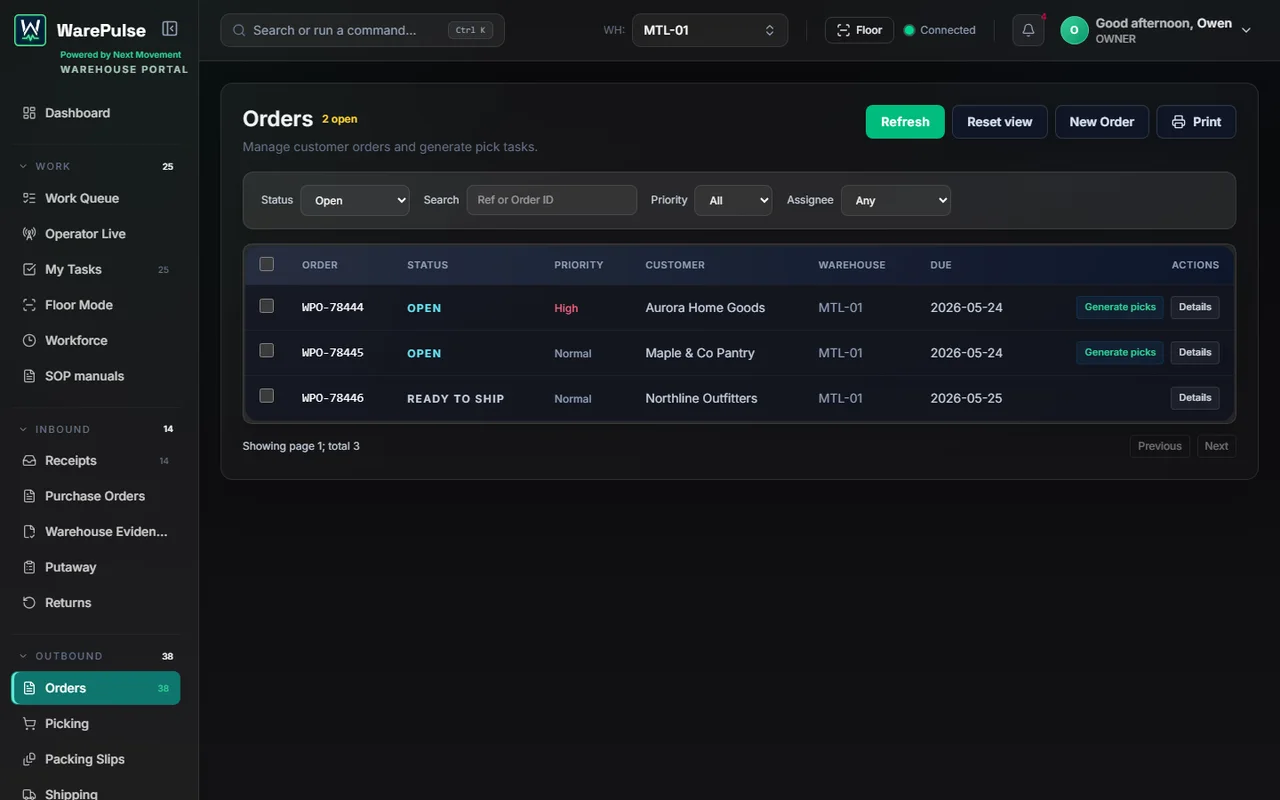 WarePulse operator orders screen with open fulfillment orders and pick generation actions