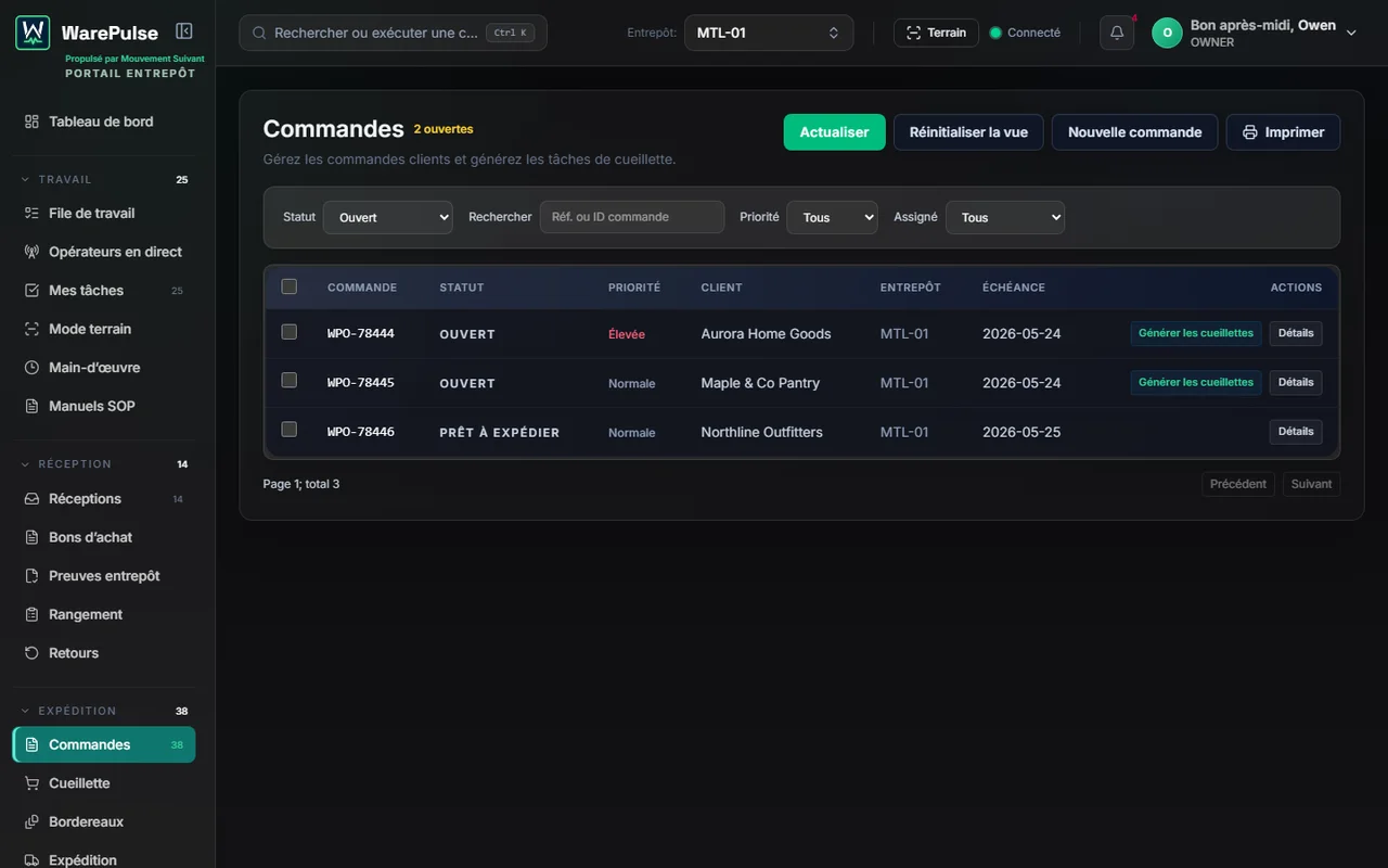 Écran commandes opérateur WarePulse avec commandes ouvertes et actions de cueillette