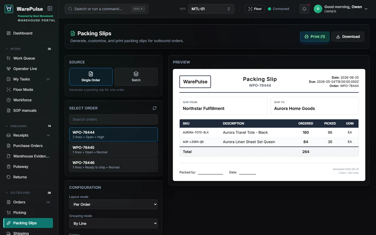 WarePulse packing slip generator showing printable outbound order and customer document context