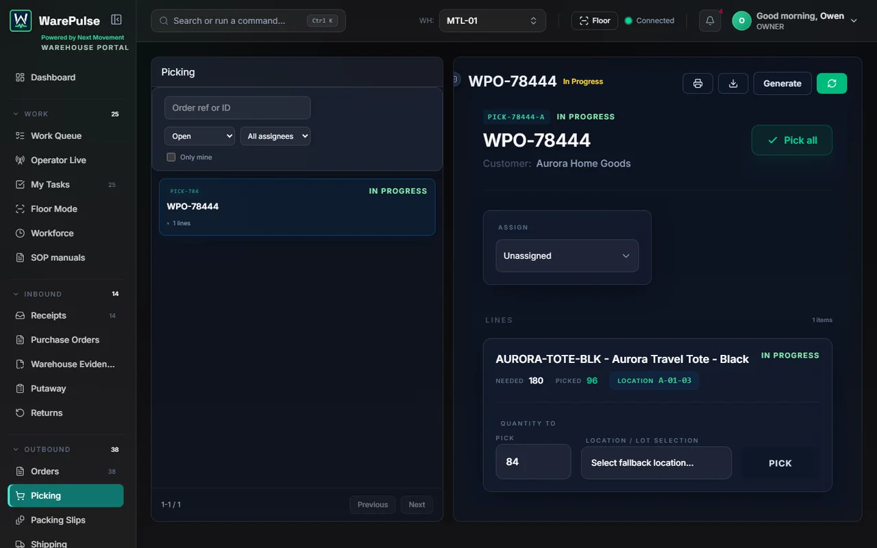 WarePulse picking workspace with active pick tasks, warehouse filters, and execution actions