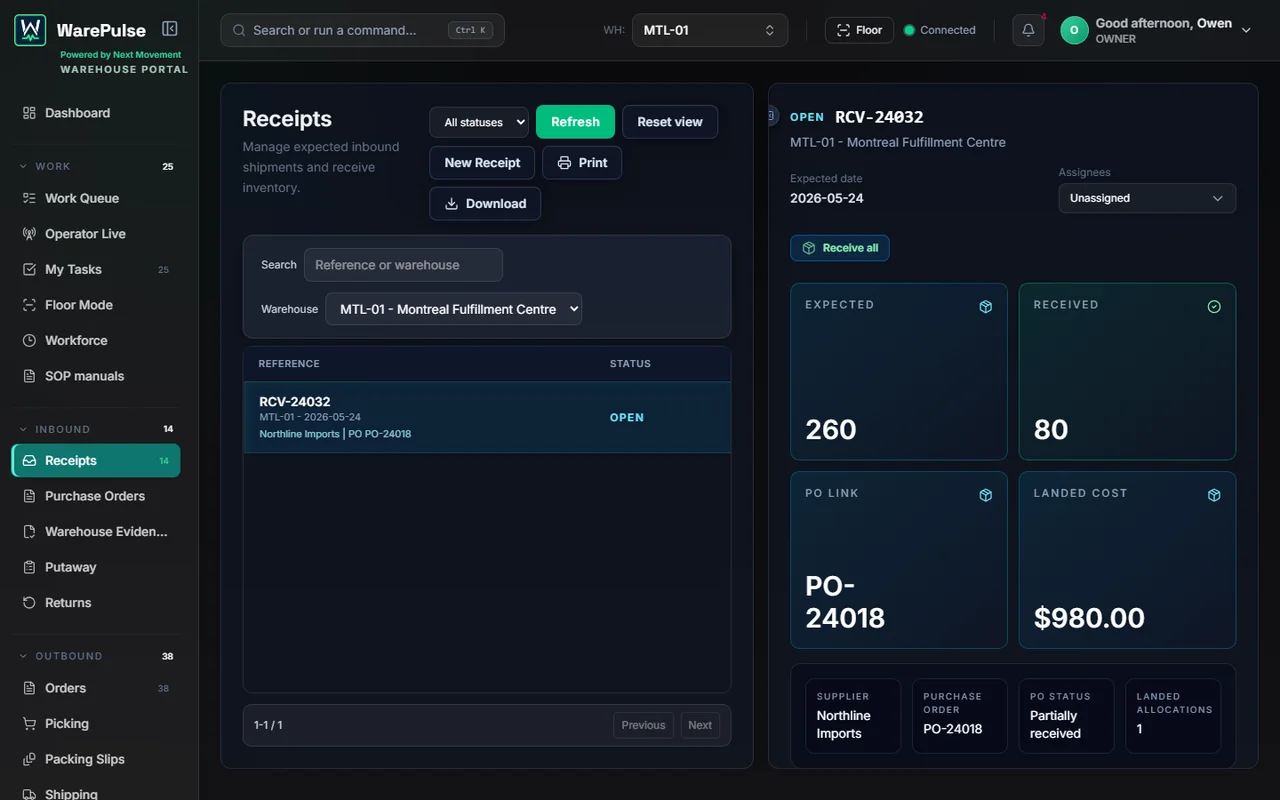 WarePulse receipts screen with inbound purchase orders, received quantities, and dock activity